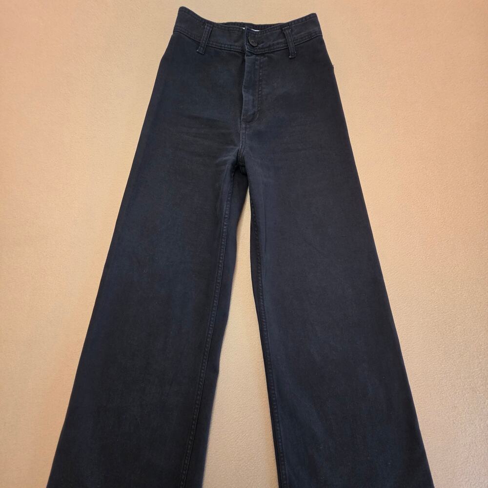 Zara The Marine Straight Wide-Leg Cropped Pants Jeans Black Sz 2 Frayed Hem